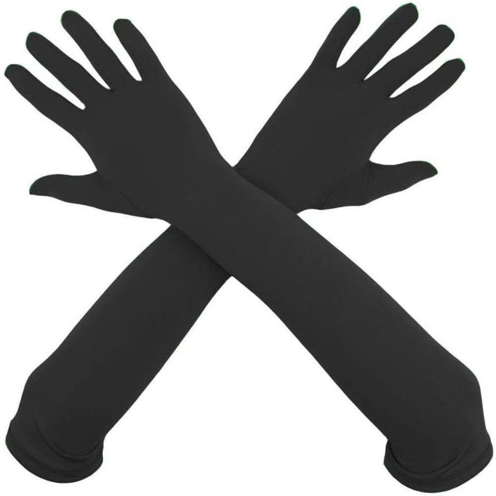 Women's Elbow Length Full Finger Satin Black Gloves Stretchy Party Costume